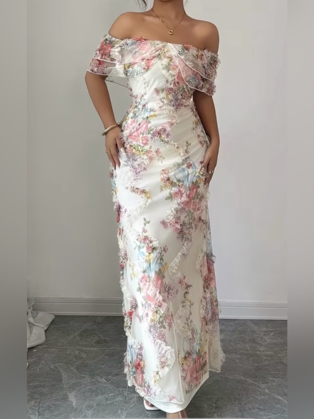 Floral Off-Shoulder Maxi Dress - Pastel Florals